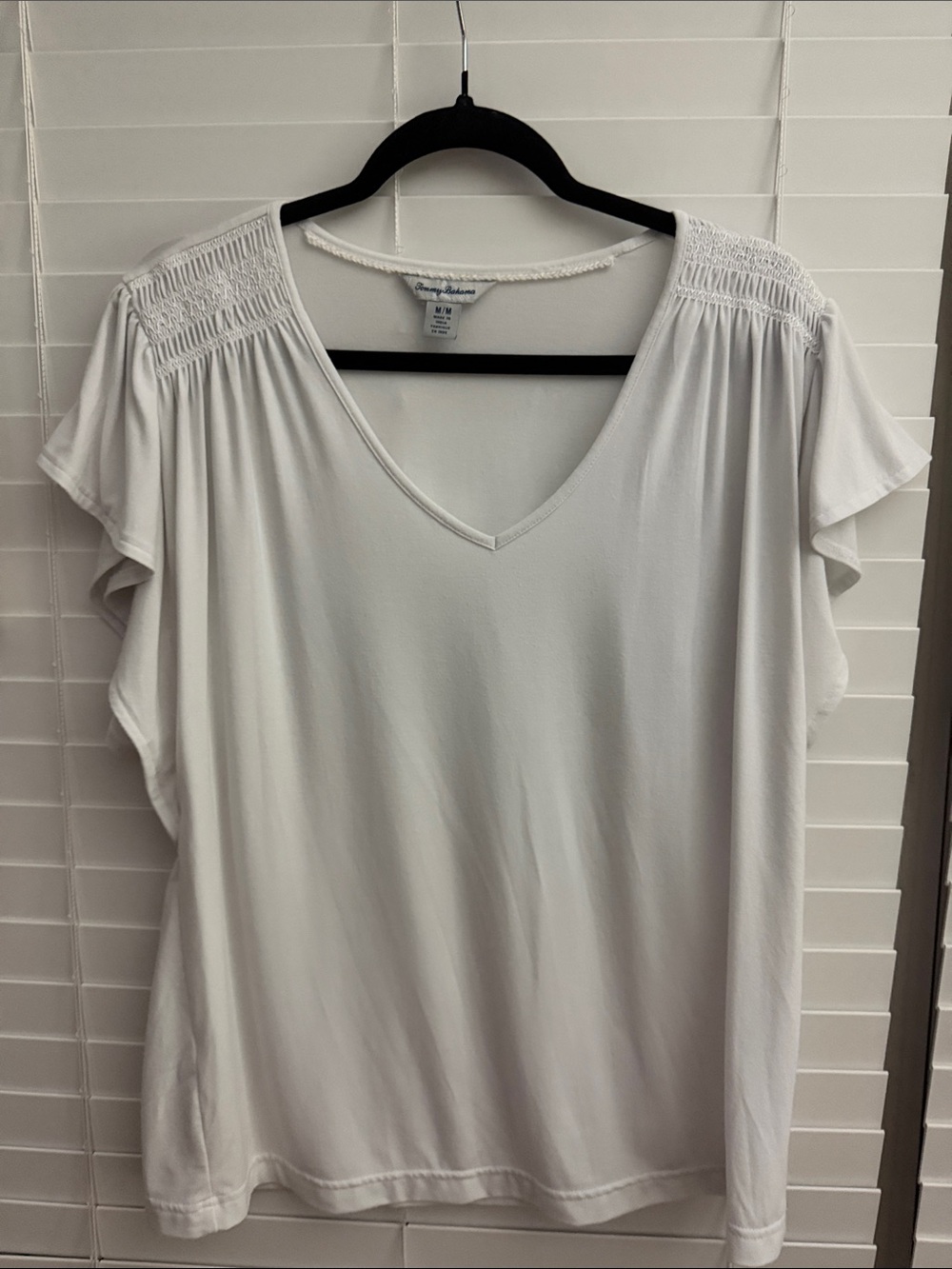Tommy Bahama White V-Neck Short Sleeve Top with Smocked Shoulders